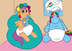 Size: 3508x2480 | Tagged: safe, artist:maxicoon, imported from derpibooru, rainbow dash, scootaloo, pegasus, pony, diaper, diaper fetish, diapered plushie, fetish, non-baby in diaper, pacifier, plushie, poofy diaper, solo