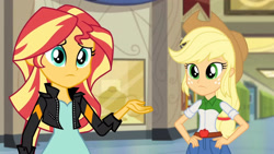 Size: 3410x1920 | Tagged: safe, imported from derpibooru, screencap, applejack, sunset shimmer, equestria girls, friendship games, applejack's hat, belt, clothes, cowboy hat, denim skirt, duo, duo female, female, hallway, hand on hip, hat, high res, jacket, leather, leather jacket, skirt