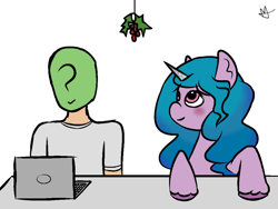 Size: 1024x768 | Tagged: safe, artist:neonnaisedraws, imported from derpibooru, izzy moonbow, oc, oc:anon, human, pony, unicorn, blushing, computer, female, g5, holly, holly mistaken for mistletoe, laptop computer, male, mare, my little pony: a new generation, romance, romantic, simple background, straight, white background