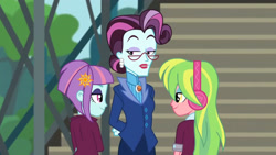Size: 3410x1920 | Tagged: safe, imported from derpibooru, screencap, lemon zest, principal abacus cinch, sunny flare, equestria girls, friendship games, female, glasses, high res, looking at each other, looking at someone, smiling, smiling at each other, trio