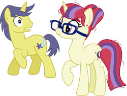 Size: 1549x1174 | Tagged: safe, artist:chainchomp2 edits, artist:littlejurnalina, edit, imported from derpibooru, comet tail, moondancer, pony, unicorn, princess twilight sparkle (episode), .svg available, alternate hairstyle, background pony, cometdancer, female, glasses, looking back, male, raised hoof, shipping, simple background, stallion, straight, transparent background, vector
