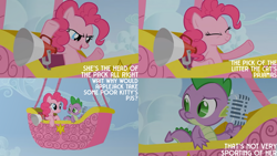 Size: 1280x720 | Tagged: safe, edit, edited screencap, editor:quoterific, imported from derpibooru, screencap, pinkie pie, spike, dragon, earth pony, pony, fall weather friends, season 1, cloud, duo, eyes closed, female, hot air balloon, male, mare, megaphone, microphone, open mouth, open smile, sky, smiling, text, twinkling balloon