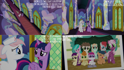 Size: 1280x720 | Tagged: safe, edit, edited screencap, editor:quoterific, imported from derpibooru, screencap, aquamarine, boysenberry, cheerilee, first base, gallop j. fry, little red, nurse redheart, peach fuzz, spike, super funk, twilight sparkle, alicorn, dragon, earth pony, pegasus, pony, unicorn, a flurry of emotions, season 7, chalkboard, colt, eyes closed, female, filly, floppy ears, foal, grin, male, mare, open mouth, open smile, smiling, text, train tracks (g4), twilight sparkle (alicorn), twilight's castle