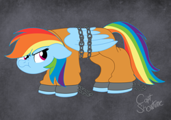 Size: 2545x1785 | Tagged: safe, artist:captshowtime, imported from derpibooru, rainbow dash, pegasus, pony, chains, clothes, commission, commissioner:rainbowdash69, cuffs, female, handcuffed, jail, jailbird, jumpsuit, mare, prison outfit, prisoner, prisoner rd, simple background