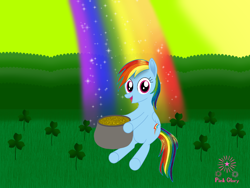 Size: 2160x1620 | Tagged: safe, artist:pinkglorymlp, imported from derpibooru, rainbow dash, pegasus, pony, clover, female, folded wings, grass, green, holiday, hoof hold, hooves, mare, open mouth, open smile, pot, pot of gold, rainbow, saint patrick's day, shamrock, signature, sitting, smiling, solo, tail, underhoof, wings
