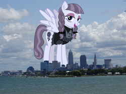 Size: 1380x1035 | Tagged: safe, artist:cheezedoodle96, artist:thegiantponyfan, edit, imported from derpibooru, inky rose, pegasus, pony, cleveland, female, giant pegasus, giant pony, giantess, highrise ponies, irl, looking at you, macro, mare, mega giant, ohio, open mouth, open smile, photo, ponies in real life, smiling, smiling at you, spread wings, standing, wings