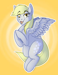 Size: 1280x1629 | Tagged: safe, artist:grumpygriffcreation, imported from derpibooru, derpy hooves, pegasus, pony, abstract background, ear fluff, eyebrows, eyebrows visible through hair, female, full body, hooves, hooves together, mare, open mouth, outline, shading, signature, solo, spread wings, tail, white outline, wings