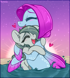 Size: 428x478 | Tagged: safe, artist:esmeia, imported from derpibooru, marble pie, salina blue, earth pony, pony, seapony (g4), beach, blushing, cute, eyelashes, eyes closed, female, fins, heart, hug, lesbian, marblina, mare, ocean, open mouth, open smile, sand, shipping, sky, smiling, sun, sunlight, teeth, water, wings