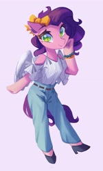 Size: 2464x4096 | Tagged: safe, artist:saxopi, imported from derpibooru, pipp petals, pegasus, semi-anthro, beads, bow, bracelet, casual clothing, clothes, female, g5, hair bow, heart shaped hooves, high res, hoof on cheek, hoof shoes, jeans, jewelry, looking at you, pants, partially open wings, purple background, shirt, shoulderless, simple background, solo, standing, t-shirt, underhoof, wings