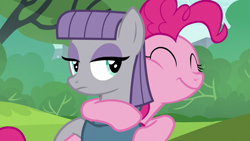 Size: 1280x720 | Tagged: safe, imported from derpibooru, screencap, maud pie, pinkie pie, earth pony, pony, season 6, the gift of the maud pie, ^^, cute, diapinkes, duo, duo female, eyes closed, female, happy, hug, mare, maudabetes, sibling love, siblings, sisterly love, sisters