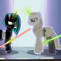 Size: 1000x1000 | Tagged: safe, imported from derpibooru, oc, oc:qui-ll song, pony, unicorn, apprentice, darth maul, duel, duel of the fates, fencing, floor, jedi, lightsaber, master, movie, qui-gon jinn, scene, scenery, sith, star wars, star wars: the phantom menace, student, sword, this will end in death, this will end in tears, this will end in tears and/or death, weapon