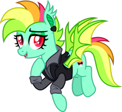 Size: 10098x9257 | Tagged: safe, artist:suramii, imported from derpibooru, oc, oc only, oc:kokomo, bat pony, pony, absurd resolution, bat pony oc, bat wings, clothes, colored pupils, ear fluff, ear tufts, eyeshadow, female, flying, full body, hooves, jacket, lidded eyes, makeup, mare, multicolored mane, multicolored tail, open mouth, open smile, show accurate, simple background, smiling, solo, spread wings, tail, transparent background, wings
