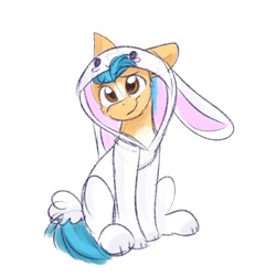 Size: 2000x2000 | Tagged: safe, artist:lbrcloud, imported from derpibooru, hitch trailblazer, earth pony, pony, blaze (coat marking), clothes, coat markings, costume, cute, facial markings, full body, g5, head tilt, hitchbetes, kigurumi, male, pale belly, simple background, sitting, smiling, solo, stallion, white background