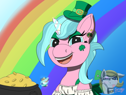 Size: 1600x1200 | Tagged: safe, artist:gray star, derpibooru exclusive, imported from derpibooru, oc, oc only, oc:candy chip, unicorn, bar maid, bow, female, hat, holiday, mare, pot of gold, saint patrick's day