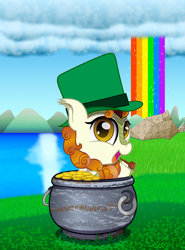 Size: 1280x1734 | Tagged: safe, artist:spellboundcanvas, imported from derpibooru, autumn blaze, kirin, cloud, coin, cute, hat, leprechaun, pipe, pot of gold, rainbow, solo