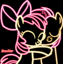 Size: 3000x3072 | Tagged: safe, artist:rose5tar, imported from derpibooru, apple bloom, babs seed, earth pony, pony, cousins, female, filly, foal, hug, neon