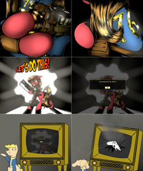 Size: 2002x2404 | Tagged: safe, artist:zoarvek, imported from derpibooru, oc, oc:pun, pony, ask pun, ask, butt, controller, fallout, fallout 76, joystick, plot, ponified, television, vault boy