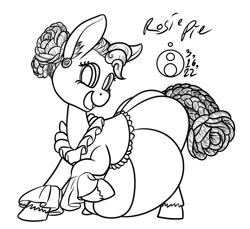 Size: 1500x1374 | Tagged: safe, artist:sepiakeys, imported from derpibooru, pinkie pie, pony, alternate hairstyle, clothes, dress, monochrome, solo