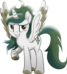 Size: 4656x5095 | Tagged: safe, artist:lincolnbrewsterfan, imported from derpibooru, oc, oc only, oc:riverdance, alicorn, pony, my little pony: the movie, .svg available, 2022, absurd resolution, alicorn oc, clover, coat markings, colored hooves, colored pupils, colored wings, full body, grin, holiday, hooves, horn, inkscape, lifted leg, looking at you, male, movie accurate, patron pony, raised hoof, saint patrick's day, saint patrick's day 2022, simple background, smiling, smiling at you, socks (coat markings), solo, spread wings, stallion, stallion oc, standing, svg, tail, tattoo, transparent background, two toned mane, two toned tail, two toned wings, vector, wings