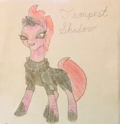 Size: 1851x1902 | Tagged: safe, imported from derpibooru, tempest shadow, unicorn, drawing, female, mare, photo, sketch, solo, traditional art