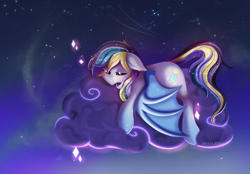 Size: 3000x2085 | Tagged: safe, artist:silvia-zero, imported from derpibooru, oc, oc only, oc:moonlight waves, bat pony, pony, cloud, night, on a cloud, solo, stars