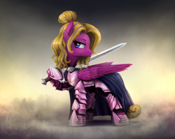 Size: 3300x2630 | Tagged: safe, artist:magfen, imported from derpibooru, oc, oc only, pegasus, pony, fanfic:rekindled embers, armor, female, hair bun, mare, pegasus oc, solo, sword, weapon