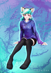 Size: 2082x3000 | Tagged: safe, artist:inowiseei, imported from derpibooru, oc, oc:summer ray, human, animal ears, clothes, hoodie, humanized, socks, solo, stocking feet, stockings, thigh highs, zettai ryouiki