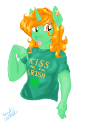 Size: 725x1030 | Tagged: safe, artist:darnelg, imported from derpibooru, oc, oc only, oc:emerald isle, anthro, unicorn, :p, clothes, kiss me i'm irish, looking at you, red hair, simple background, solo, tongue out, white background