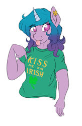 Size: 589x901 | Tagged: safe, alternate version, artist:darnelg, imported from derpibooru, izzy moonbow, anthro, unicorn, clothes, g5, kiss me i'm irish, looking at you, simple background, solo, tongue out, white background