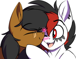 Size: 505x397 | Tagged: safe, artist:notetaker, imported from derpibooru, oc, oc only, oc:crashie tunez, oc:notetaker, earth pony, pegasus, pony, cheek kiss, duo, ear piercing, glasses, kissing, piercing, simple background, smooch, transparent background