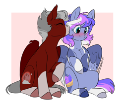 Size: 1438x1200 | Tagged: safe, artist:cosmalumi, imported from derpibooru, oc, oc only, oc:crimson skies(fireverse), oc:plum pudding(fireverse), bat pony, pegasus, blushing, cheek kiss, couple, kissing, shipping