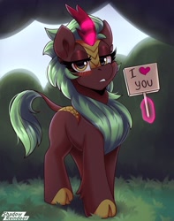 Size: 1900x2414 | Tagged: safe, artist:shadowreindeer, imported from derpibooru, cinder glow, summer flare, kirin, pony, blushing, female, heart, i love you, love, magic, sign, solo, telekinesis, text