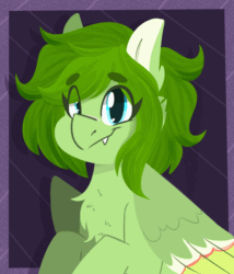 Size: 1200x1400 | Tagged: safe, artist:modularpon, imported from derpibooru, oc, oc only, oc:lief, hybrid, pegasus, pony, abstract background, animated, bust, chest fluff, fangs, laughing, portrait, solo