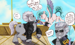 Size: 3000x1800 | Tagged: safe, artist:sallylla, imported from derpibooru, pegasus, pony, unicorn, spoiler:my little pony: a new generation, alphabittle blossomforth, awkward, awkward moment, beard, blushing, bust, camera, clothes, dialogue, duo, eyebrows, facial hair, female, floppy ears, flustered, flying, freckles, full body, g5, grin, hoof hold, hooves, implied alphahaven, implied queen haven, implied shipping, implied straight, jacket, jewelry, leather jacket, male, mare, microphone, my little pony: a new generation, necklace, raised hoof, shocked, shutter snap, side view, size difference, sky, smiling, smirk, speech bubble, stallion, sunglasses, surprised, sweat, sweatdrop, text, unshorn fetlocks, wing hands, wings, zbs, zephyr heights