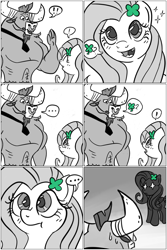 Size: 1631x2444 | Tagged: safe, artist:spookitty, imported from derpibooru, fluttershy, iron will, minotaur, pegasus, pony, ask iron will, ..., :t, clover, comic, duo, exclamation point, female, four leaf clover, grayscale, holiday, male, mare, monochrome, open mouth, partial color, pictogram, saint patrick's day, sparkles, speech bubble, sweat