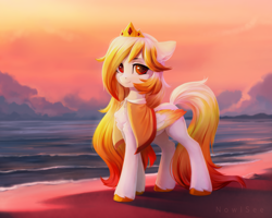 Size: 3000x2400 | Tagged: safe, artist:inowiseei, imported from derpibooru, oc, oc only, oc:auroraedith, pegasus, pony, beach, cape, chest fluff, clothes, cloud, colored hooves, colored wings, commission, crown, female, gold hooves, gradient mane, gradient tail, hooves, jewelry, looking at you, mare, multicolored wings, ocean, regalia, solo, sunset, tail, water, wings