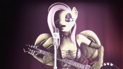 Size: 1920x1080 | Tagged: safe, artist:cyberothedge, imported from derpibooru, fluttershy, anthro, 3d, breasts, busty fluttershy, choker, electric guitar, fluttergoth, goth, guitar, heavy metal, microphone, musical instrument, playing, singing, solo, source filmmaker, spiked choker, winged anthro, wings