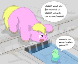 Size: 719x587 | Tagged: safe, artist:carpdime, imported from derpibooru, fluffy pony, crying, dialogue, duo, female, fluffy pony foal, fluffy pony mother, foal, looking at each other, looking at someone, mare, open mouth, sadbox, speech bubble, water