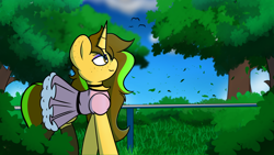 Size: 4704x2645 | Tagged: safe, artist:theawkwarddork, imported from derpibooru, oc, oc only, oc:awkward dork, bird, pony, unicorn, blushing, clothes, cute, dress, femboy, fence, freckles, leaves, makeup, male, nature, solo, tree