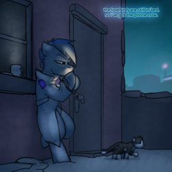 Size: 800x800 | Tagged: safe, artist:captainhoers, imported from derpibooru, oc, oc only, oc:throttle track, oc:torpedo, cat, earth pony, the sunjackers, bipedal, bipedal leaning, cyberpunk, leaning, male, smoking