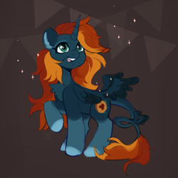 Size: 2687x2687 | Tagged: safe, artist:sugarstar, imported from derpibooru, oc, oc only, oc:farfett ambra, alicorn, pony, butt wings, colored wings, cute, female, mare, open mouth, open smile, raised hoof, smiling, solo, sparkles, standing, tail wings, two toned wings, wings