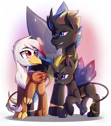 Size: 1024x1158 | Tagged: safe, artist:tikrs007, imported from derpibooru, oc, oc:king regal, changeling, griffon, changeling oc, commission, deviantart watermark, family, obtrusive watermark, watermark, wings