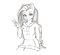 Size: 815x753 | Tagged: safe, artist:miokomata, imported from derpibooru, fluttershy, anthro, pegasus, clothes, cute, female, freckles, freckleshy, grayscale, hoodie, looking at you, mare, monochrome, peace sign, shyabetes, simple background, sketch, smiling, smiling at you, white background, wip