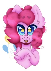 Size: 750x1035 | Tagged: safe, artist:pinkalotl, imported from derpibooru, pinkie pie, earth pony, pony, chest fluff, ear fluff, female, open mouth, open smile, simple background, smiling, solo, starry eyes, white background, wingding eyes