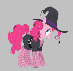 Size: 649x630 | Tagged: safe, artist:hattsy, pinkie pie, earth pony, pony, spider, aggie.io, candy, clothes, costume, female, food, hat, looking back, mare, open mouth, simple background, smiling, witch