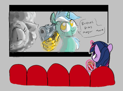 Size: 519x387 | Tagged: safe, artist:purppone, lyra heartstrings, mayor mare, twilight sparkle, pony, unicorn, aggie.io, assassination, female, food, gun, hand, magic, magic hands, mare, movie theatre