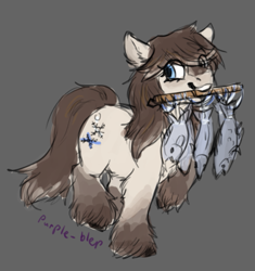 Size: 607x647 | Tagged: safe, artist:purple-blep, imported from twibooru, oc, oc only, oc:frosty flakes, fish, pony, blaze (coat marking), fluffy, gray background, image, mouth hold, png, simple background, snowpony (species), socks (coat marking), solo, taiga pony, unshorn fetlocks