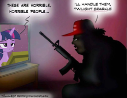 Size: 753x581 | Tagged: safe, imported from ponybooru, twilight sparkle, ar15, donald trump, gun, maga hat, rifle, television, text, weapon