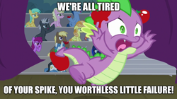 Size: 888x499 | Tagged: safe, edit, edited screencap, editor:spikeabuser, imported from ponybooru, screencap, spike, dragon, horse play, abuse, booing, food, male, play on words, spikeabuse, stage, text, tomato, tomatoes