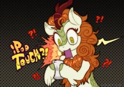 Size: 675x476 | Tagged: safe, artist:usbfig, autumn blaze, kirin, exclamation point, female, gradient background, hoof hold, ipod, jaw drop, looking at something, open mouth, phone, question mark, shocked, solo, suprised, suprised look